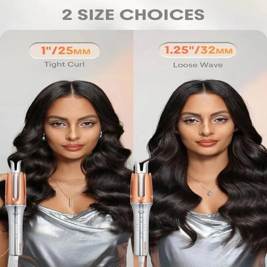 Comparison of 25mm tight curls and 32mm loose waves using the automatic hair curler.