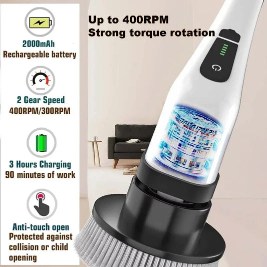 Professional cordless power scrubber showing 360-degree rotation and waterproof cleaning features.