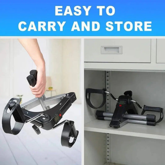 ,Illustration showing the folding mechanism and compact storage design of the pedal exerciser in a shelf.