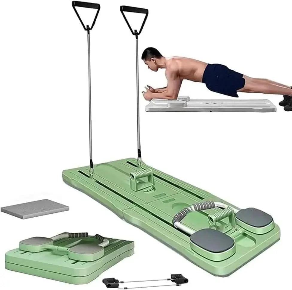 Multi-functional green plank board and abdominal trainer with resistance handles.