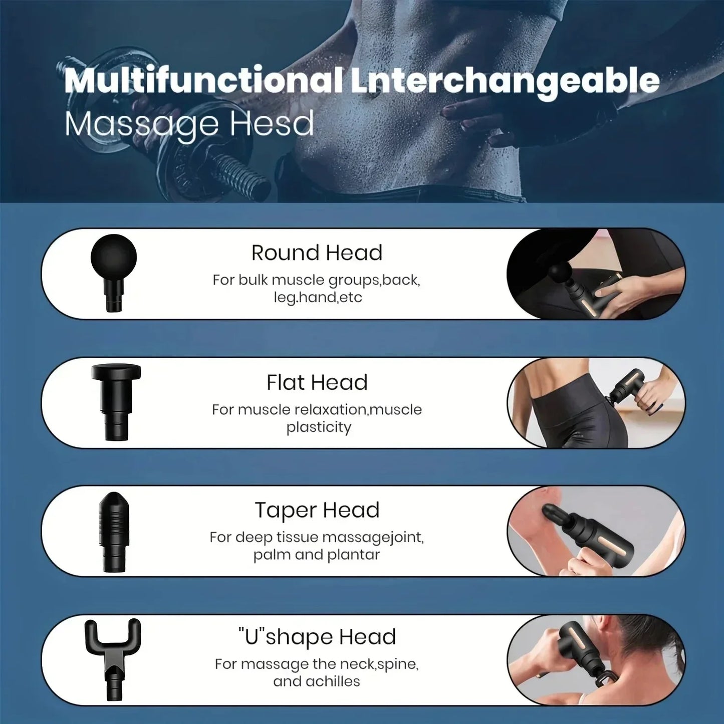 Guide showing four multifunctional interchangeable massage heads for different body muscle groups.