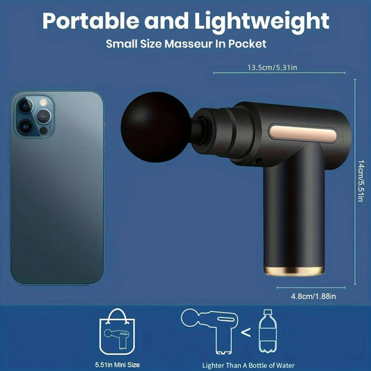 Lightweight mini massage gun compared to a smartphone for portable travel size.