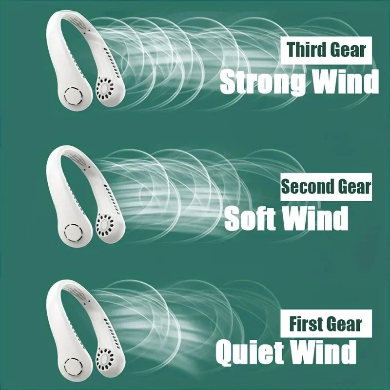 Detailed view of the hair-safe bladeless technology on a portable wearable fan.