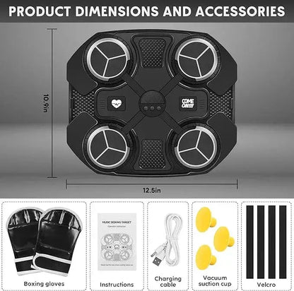 Detailed size guide and included accessories for the 4-target music boxing version.