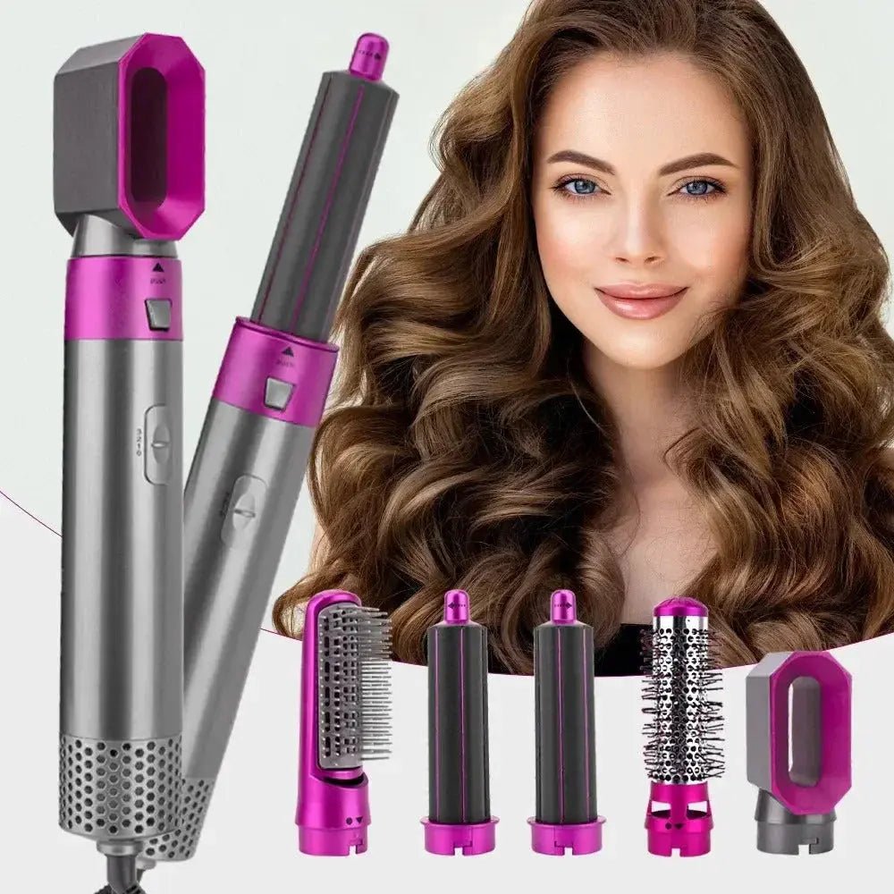 Professional 5-in-1 air styler and hair dryer with all attachments for bouncy curls and smooth hair.