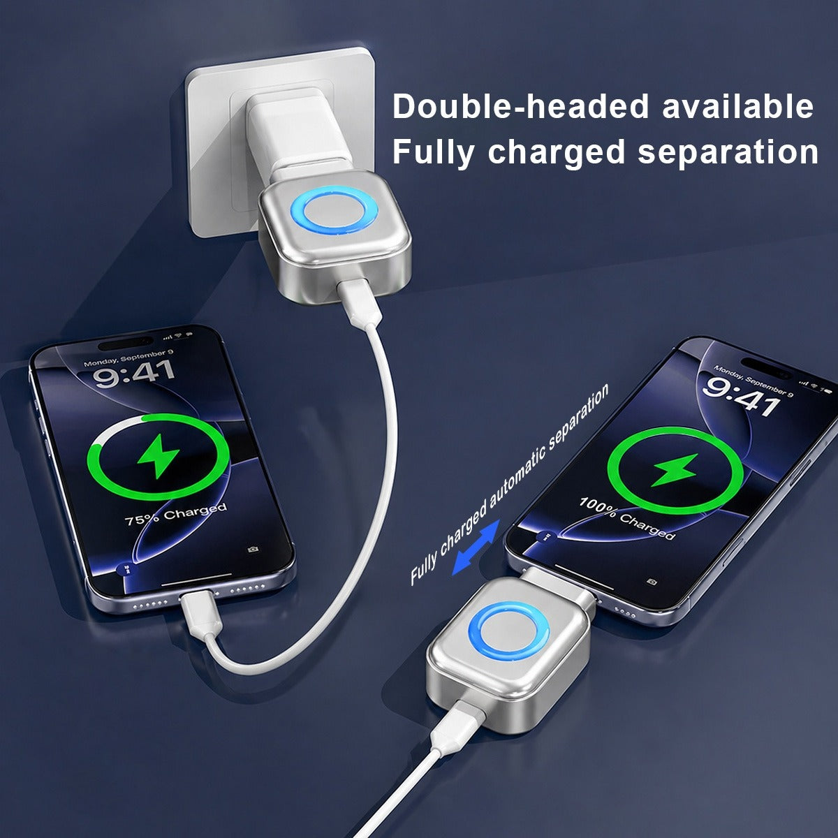 Double-headed smart charger featuring automatic separation technology for safe and efficient charging.