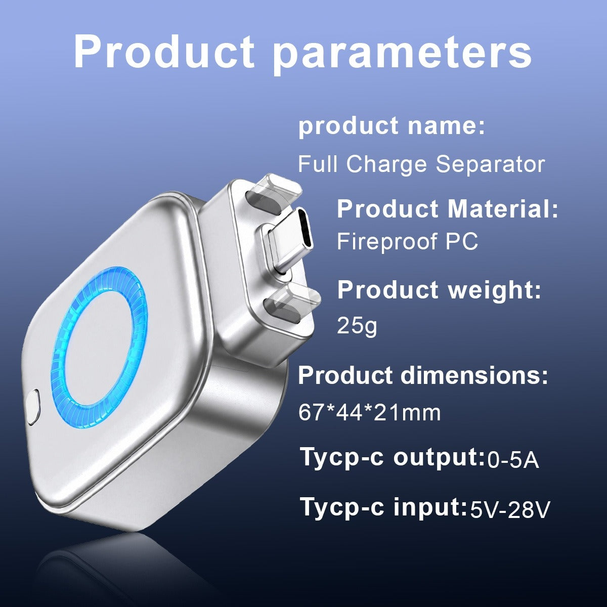 Detailed product parameters for the fireproof PC full charge separator charging adapter.