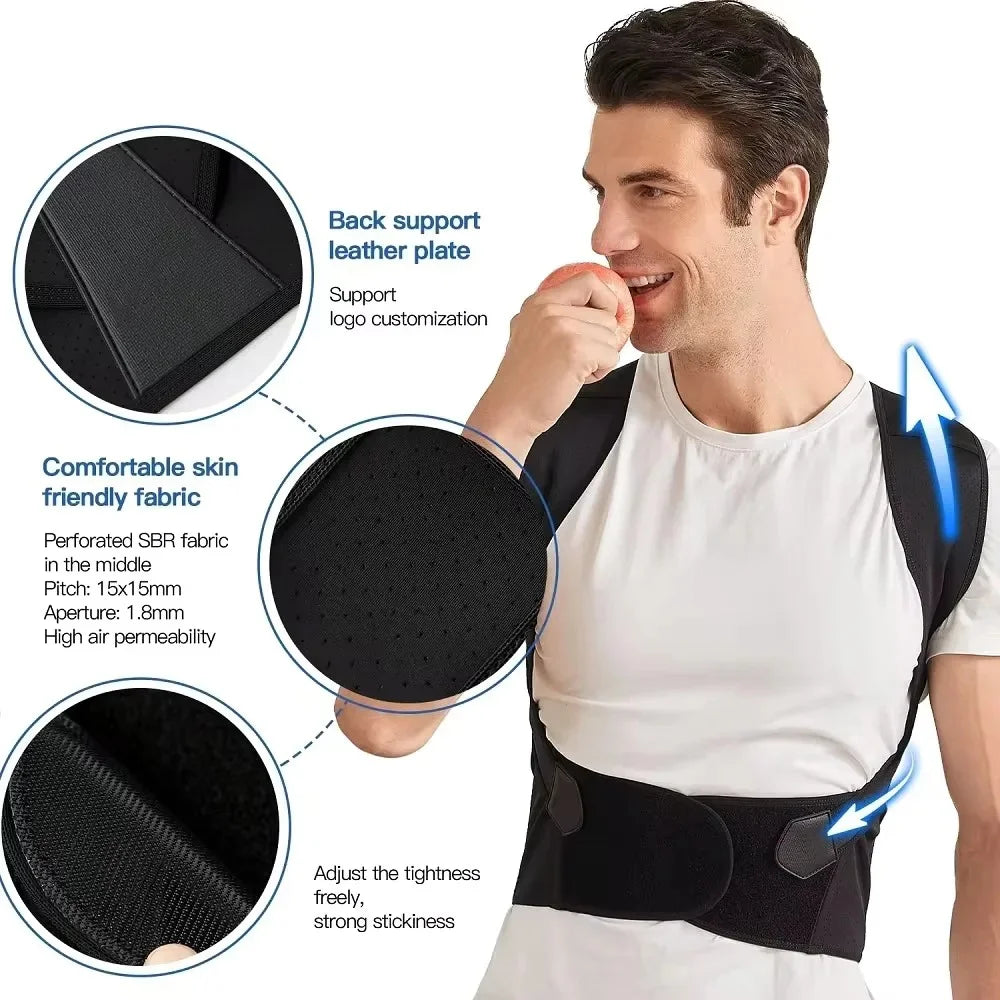 Man wearing a black back posture corrector brace with adjustable straps for upper back and shoulder support