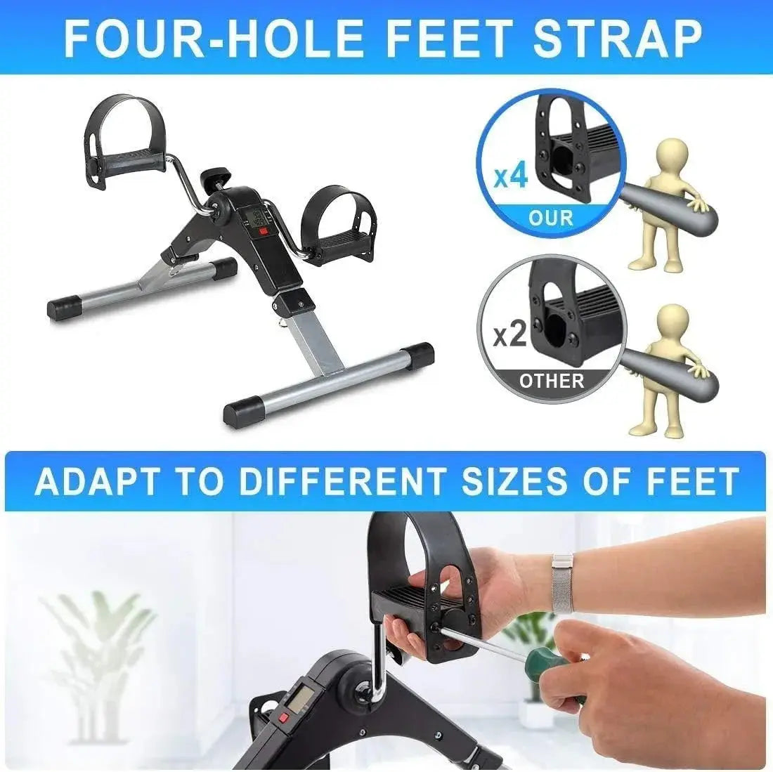 Side-by-side comparison showing the secure, adjustable four-hole feet strap compared to standard, less stable versions.