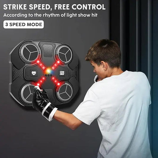 Man demonstrating the speed and rhythmic control features of the smart boxing target.