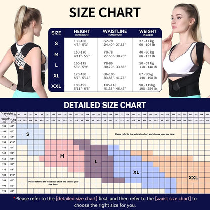 Detailed size chart for posture corrector including height, weight, and waistline measurements.