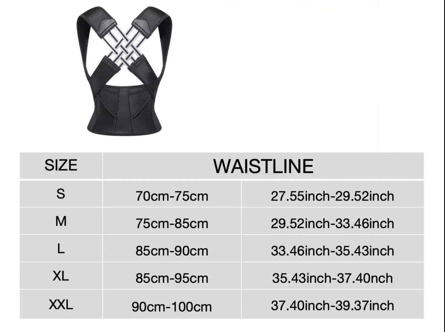 Size chart for back posture corrector showing waistline measurements in cm and inches.