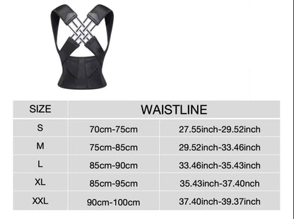 Size chart for back posture corrector showing waistline measurements in cm and inches.