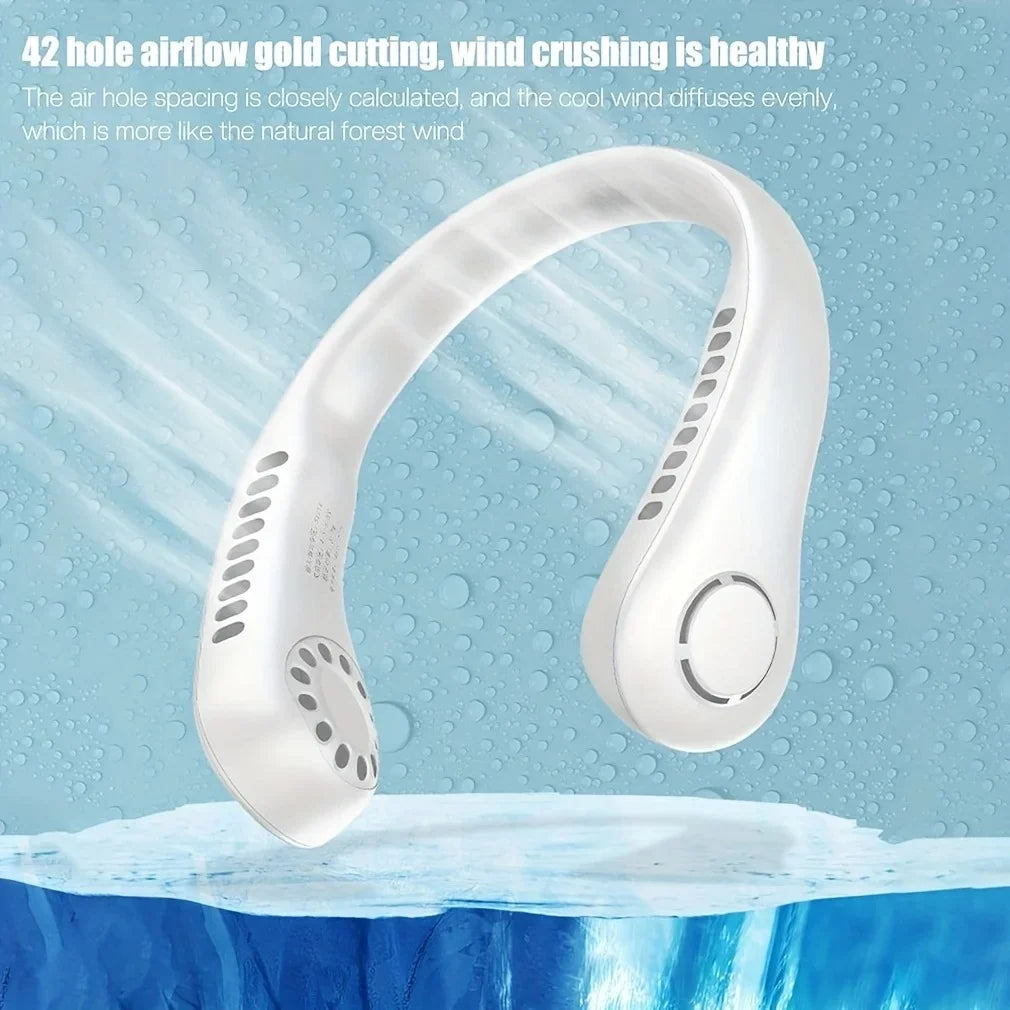 Close-up of the 360-degree surround airflow outlets on a modern bladeless neck fan.