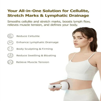 Infographic listing key benefits of the body scraping massager including fat burning and skin toning.