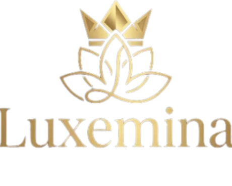 Luxemina logo with a gold crown and leaf design on a white background