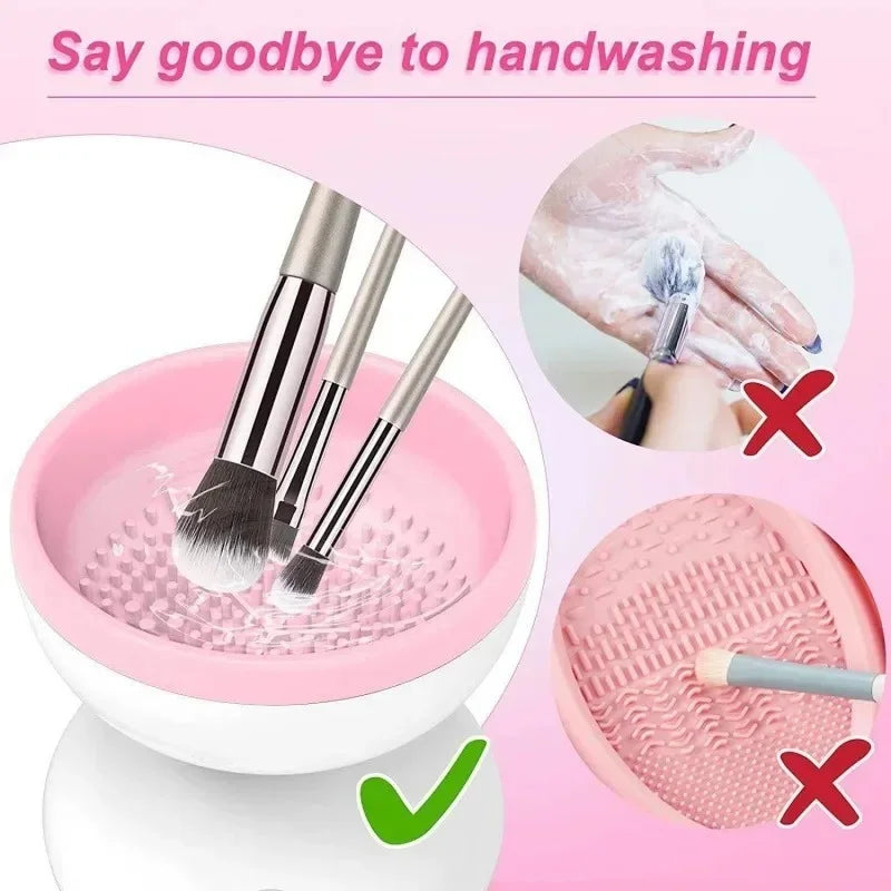 Comparison showing effective automatic brush cleaning versus damaging traditional hand washing methods