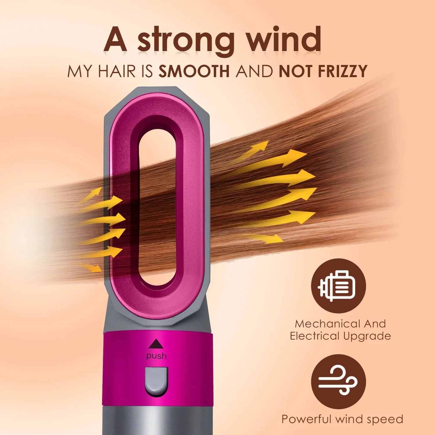 Demonstration of aerodynamic airflow that automatically wraps hair for heat-free styling.