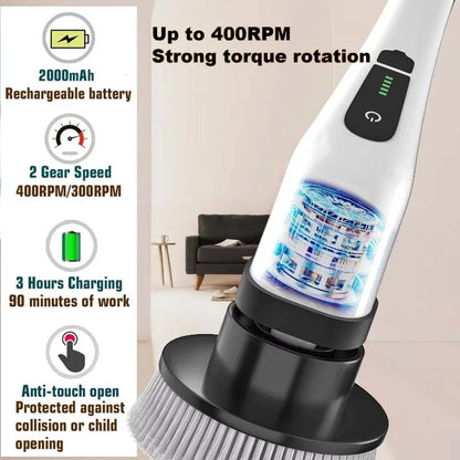 Professional cordless power scrubber showing 360-degree rotation and waterproof cleaning features.