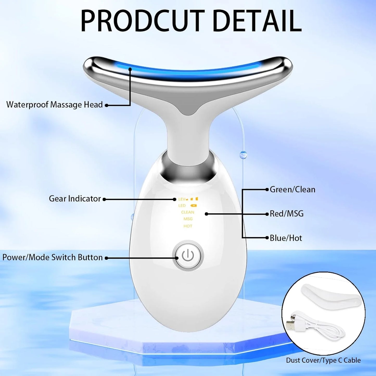 Technical Product Details Showing EMS Face Neck Massager Modes And Waterproof Head UAE