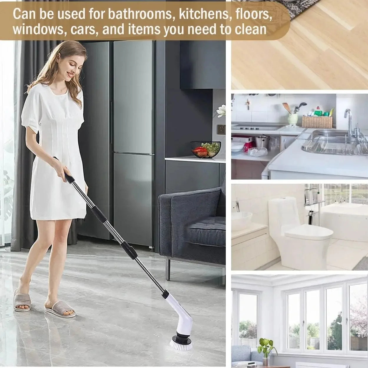 A woman using the ergonomic telescopic extension pole to clean floors without bending.