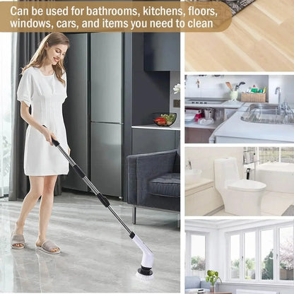 A woman using the ergonomic telescopic extension pole to clean floors without bending.
