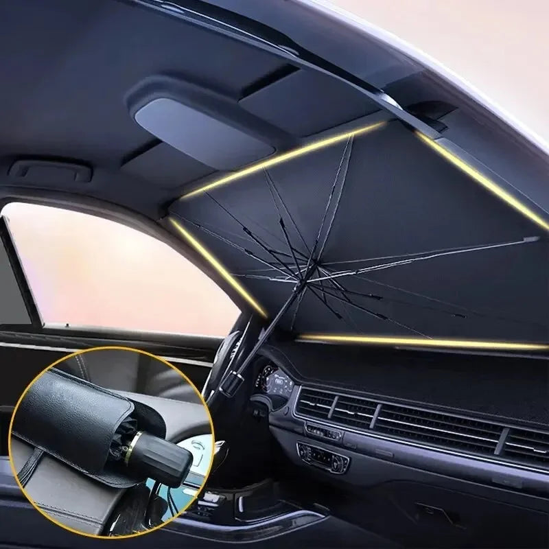  Internal view of the foldable car sunshade showing the durable support and handle.