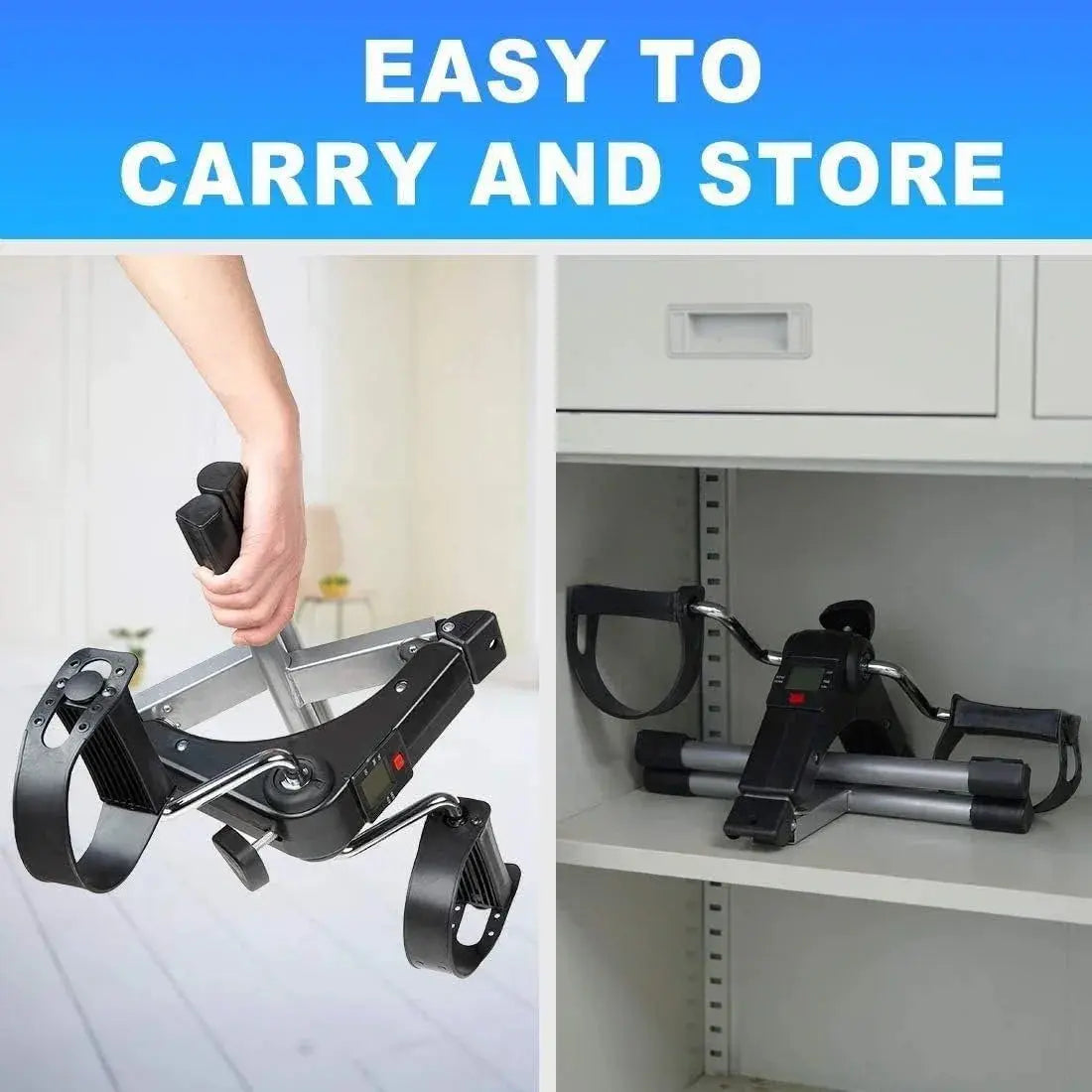 ,Illustration showing the folding mechanism and compact storage design of the pedal exerciser in a shelf.