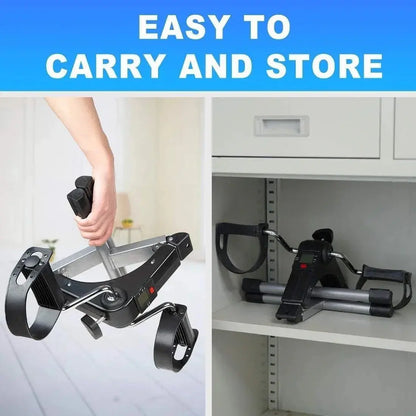 ,Illustration showing the folding mechanism and compact storage design of the pedal exerciser in a shelf.