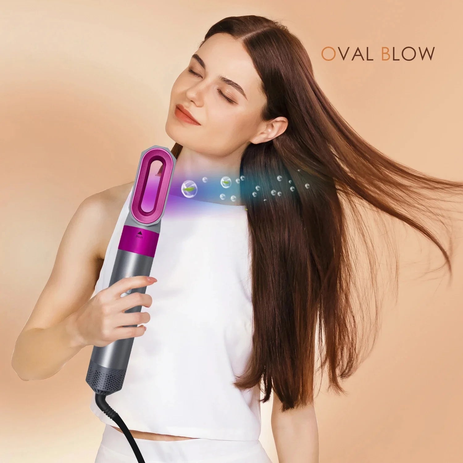 Model using the smoothing brush attachment to achieve straight and frizz-free hair.