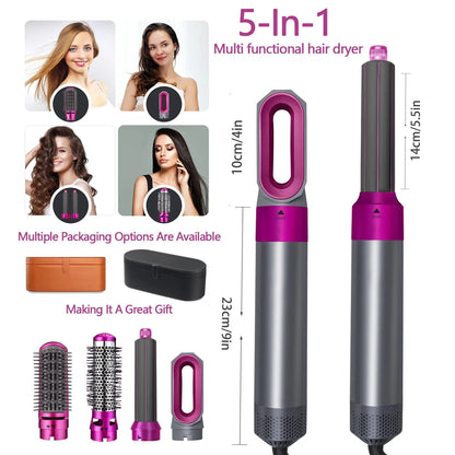 Showcase of 5 interchangeable heads including curling barrels, smoothing brush, and volumizer.