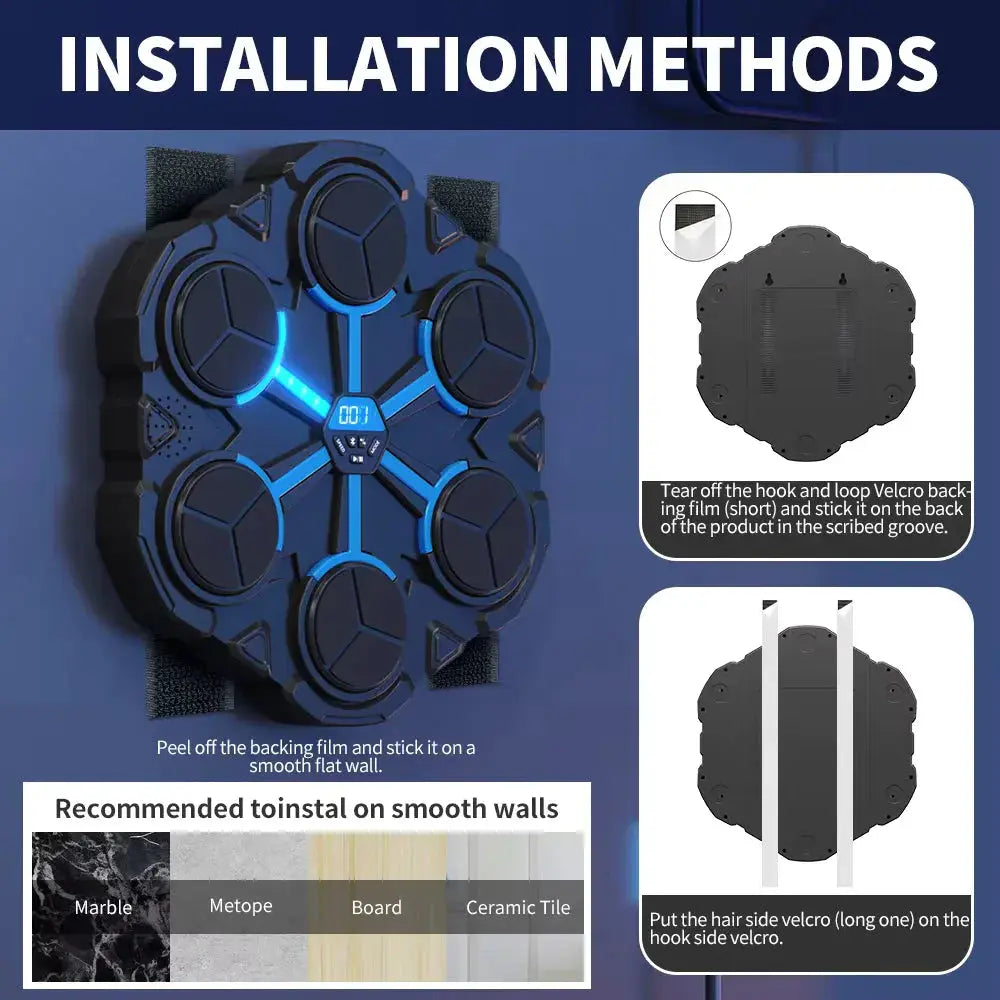 Infographic showing easy velcro and screw-in installation methods for boxing pad.