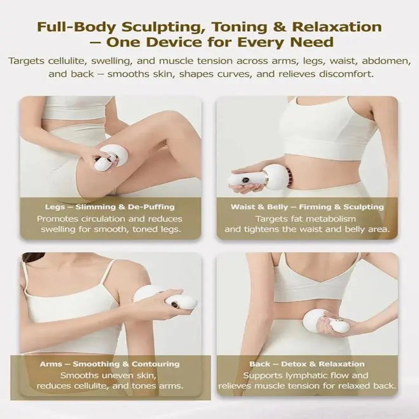 Demonstration of using the massager on thighs and arms for lymphatic drainage and relaxation.