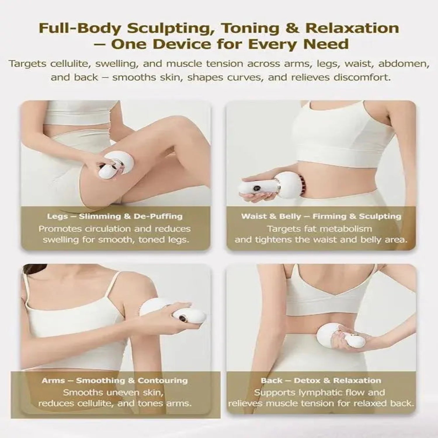 Demonstration of using the massager on thighs and arms for lymphatic drainage and relaxation.