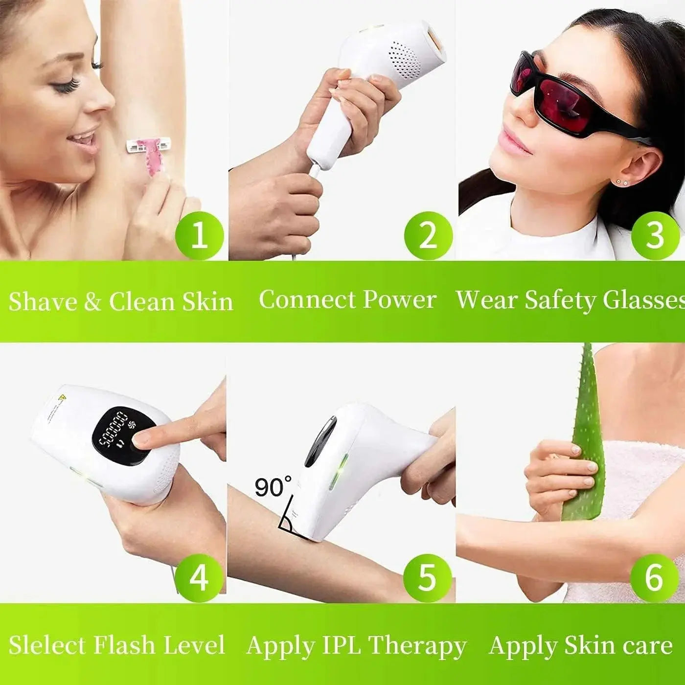 Step-by-step guide on how to safely use the IPL laser handset on different body parts.
