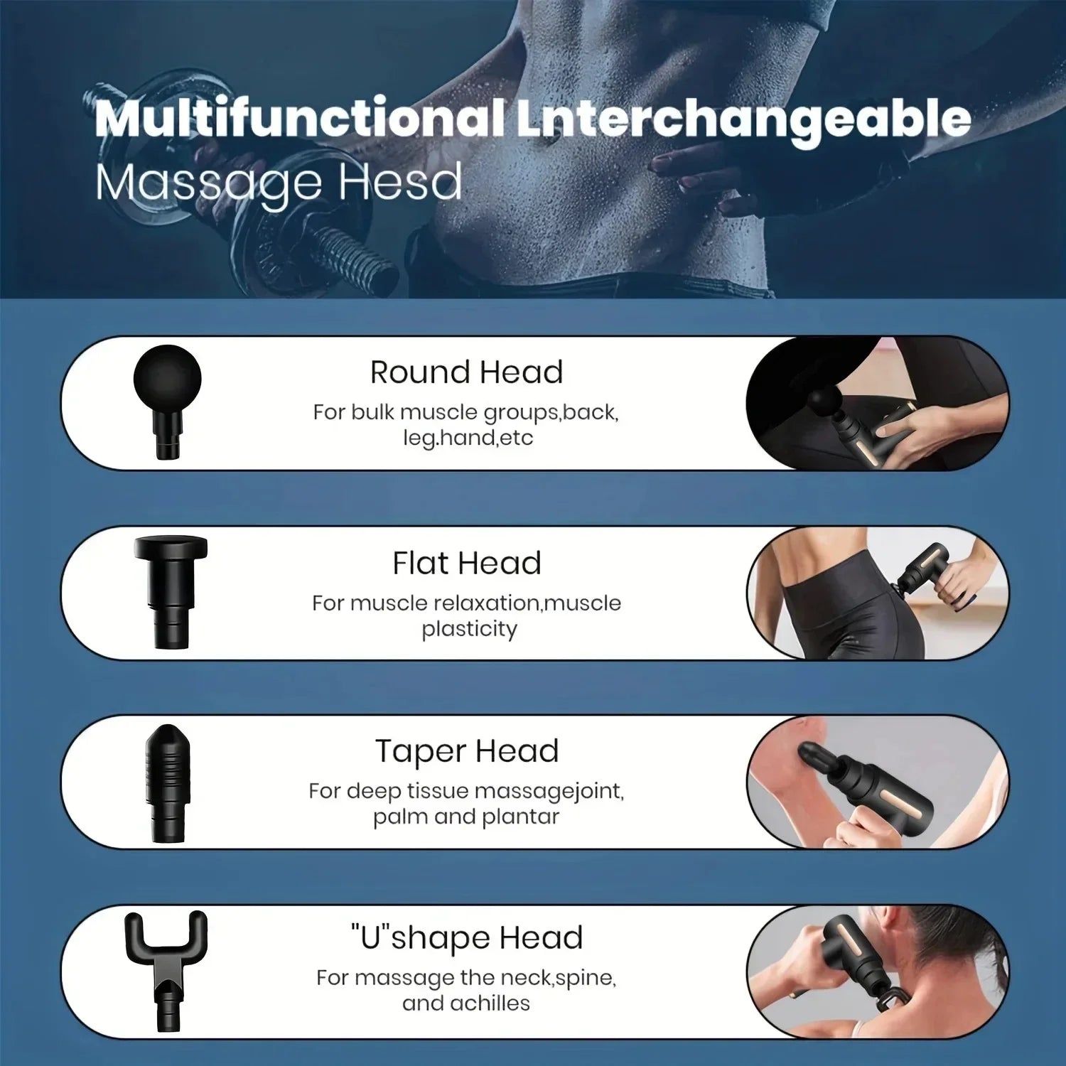 Guide showing four multifunctional interchangeable massage heads for different body muscle groups.