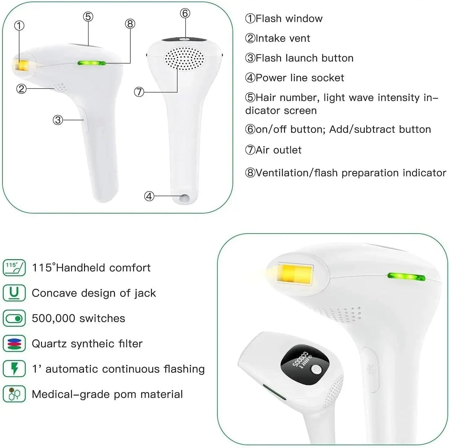  Infographic showing the technical specifications and key features of the IPL hair removal device.
