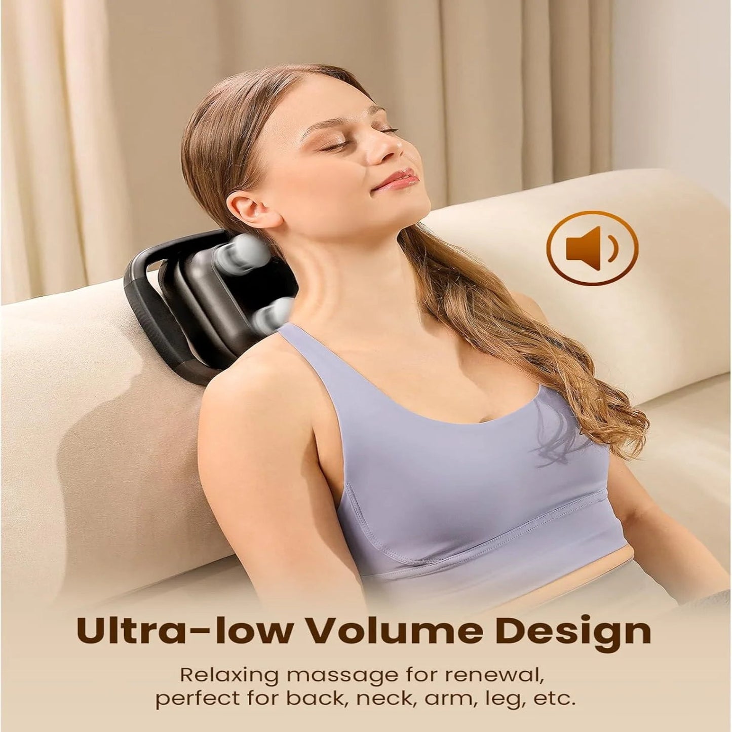 Woman using professional fascia gun on shoulders for instant stress and fatigue relief