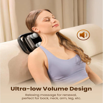 Woman using professional fascia gun on shoulders for instant stress and fatigue relief