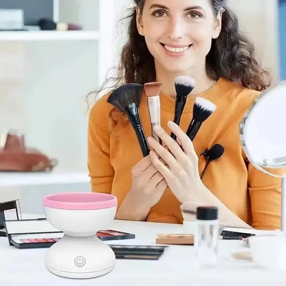Happy woman using automatic brush cleaner to maintain healthy skin and flawless makeup