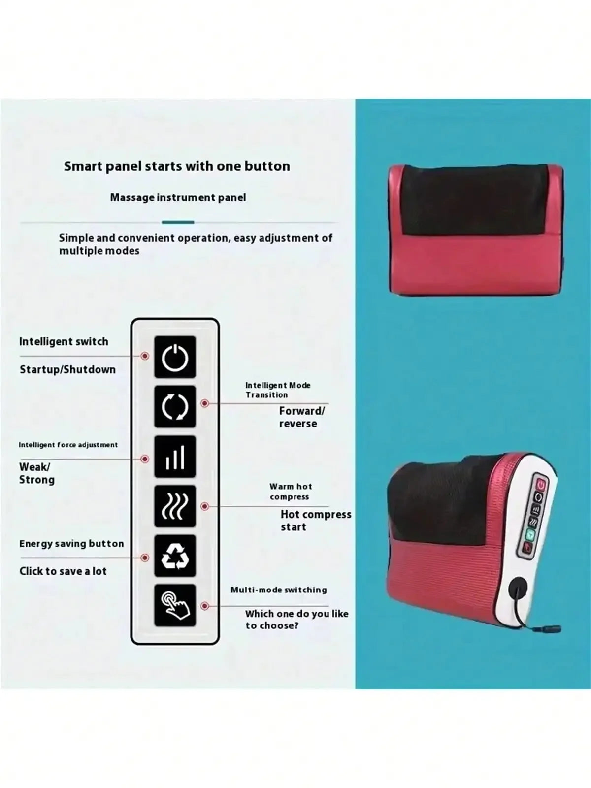 Infographic showing the compact size and powerful features of the Heated Massage Pillow