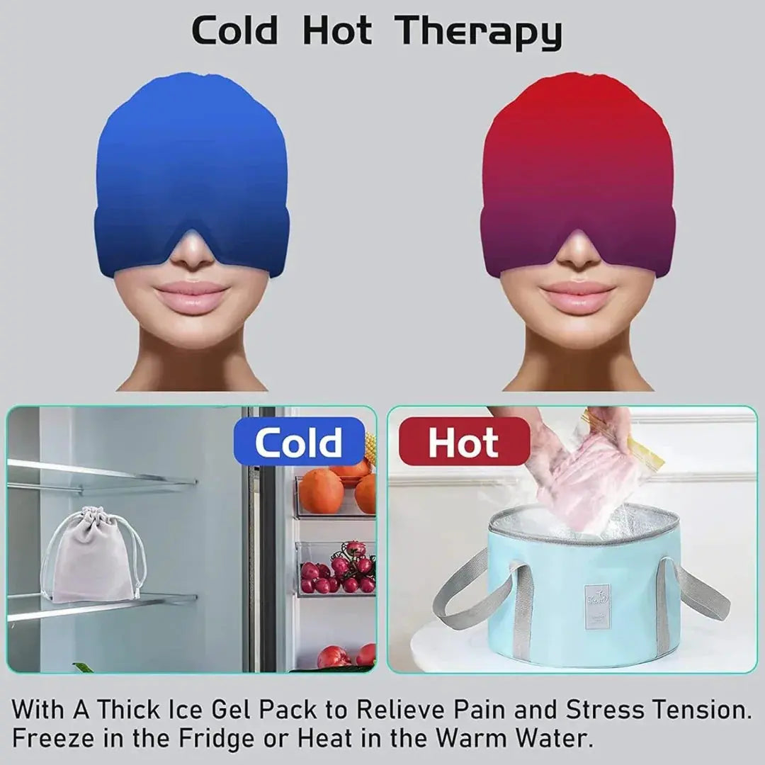 Migraine relief cap shown in blue and red color variations.