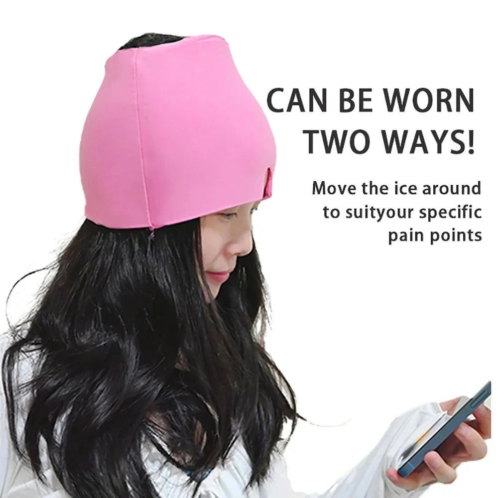Pink migraine relief cap showing two ways to wear for eyes and head.