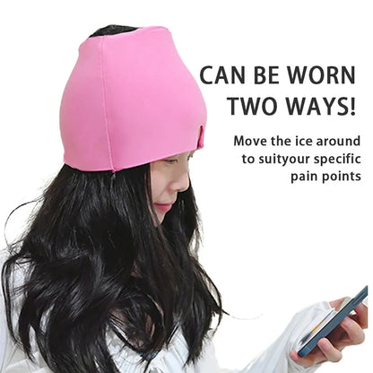 Pink migraine relief cap showing two ways to wear for eyes and head.