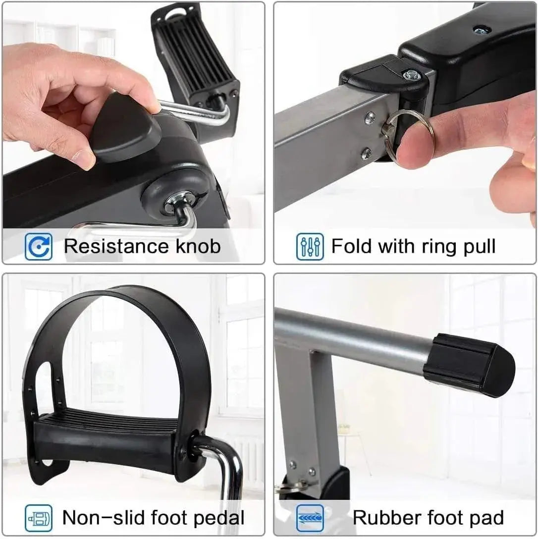 A 4-panel image showcasing the resistance knob, folding ring pull, non-slip pedals, and rubber foot pads.