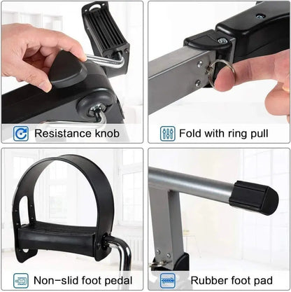 A 4-panel image showcasing the resistance knob, folding ring pull, non-slip pedals, and rubber foot pads.