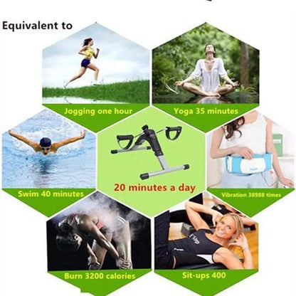 A comparison chart showing that 20 minutes of pedaling is equivalent to activities like jogging and yoga.