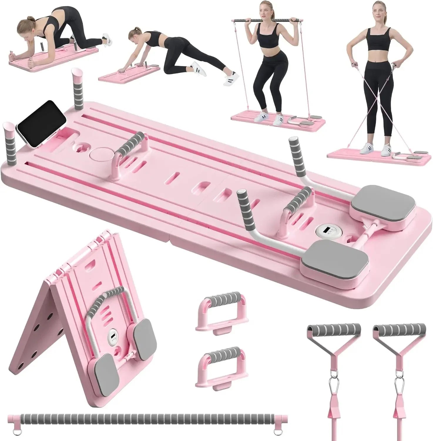 Complete set of accessories including straps and bars for a comprehensive home gym experience.