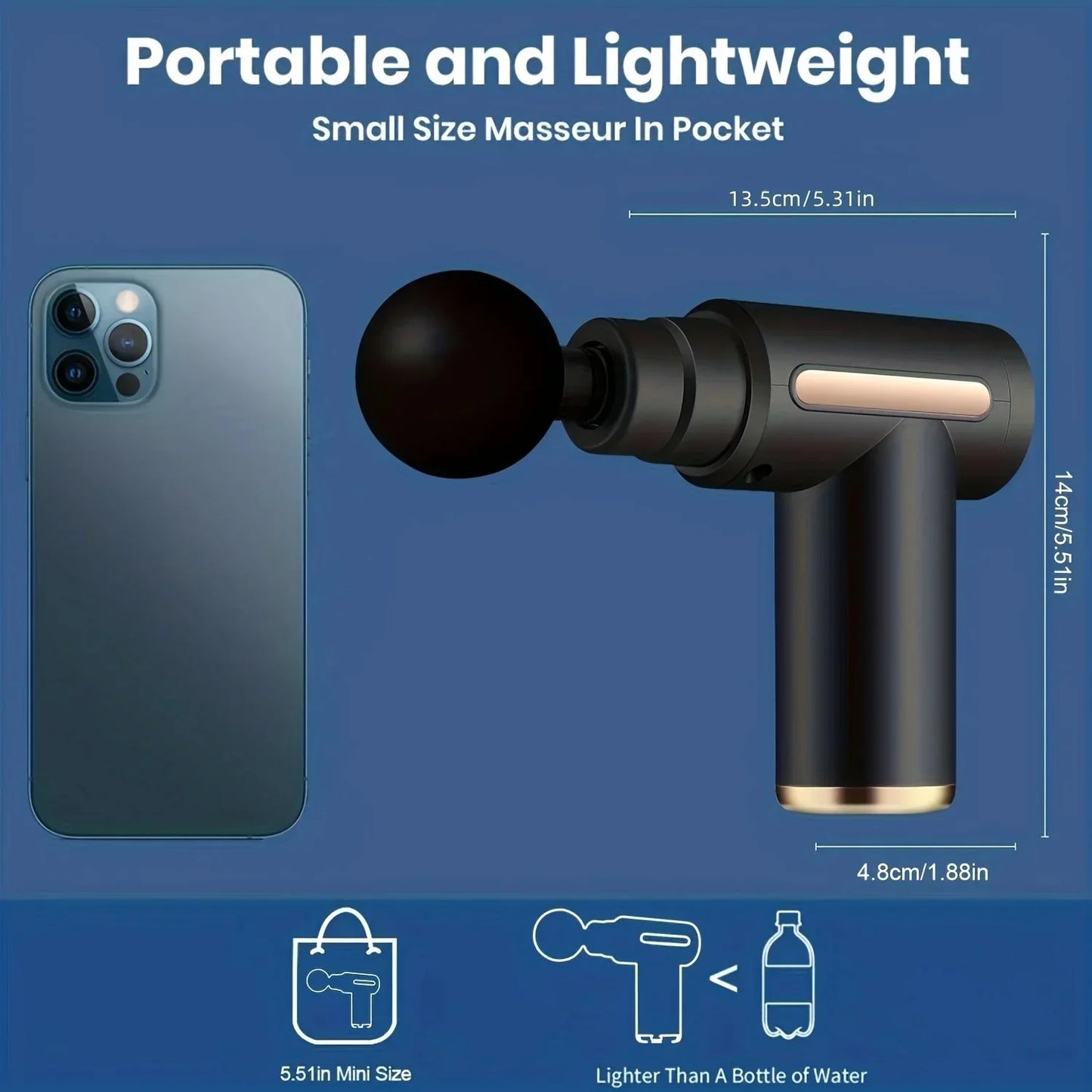 Lightweight mini massage gun compared to a smartphone for portable travel size.
