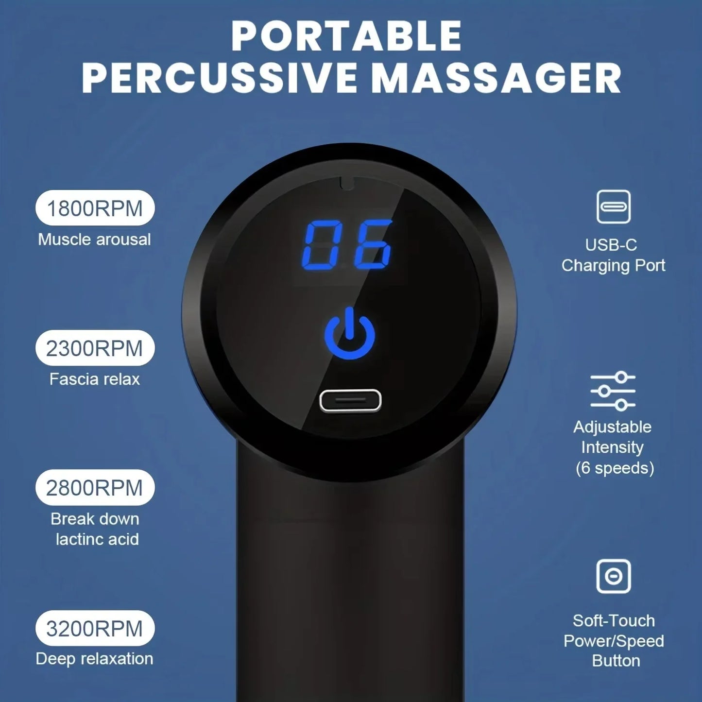 Portable percussive massager showing six adjustable speed levels and USB-C charging port.
